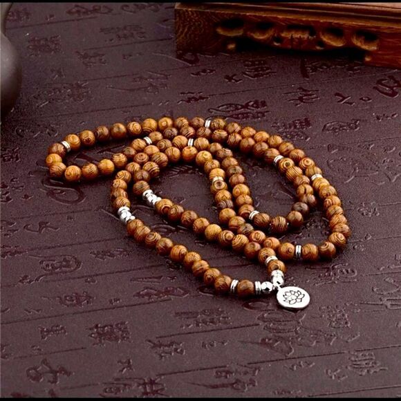 Tibetan Buddhist 108 Wood Beads Mala MultiLayer Om Charm Necklace OS - Picture 6 of 7